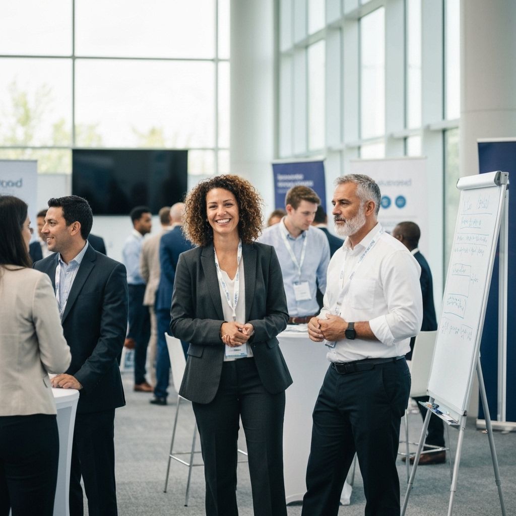 Diverse group of professionals in varied business attire discussing at a modern pharmaceutical conference booth with digital displays and technology screens